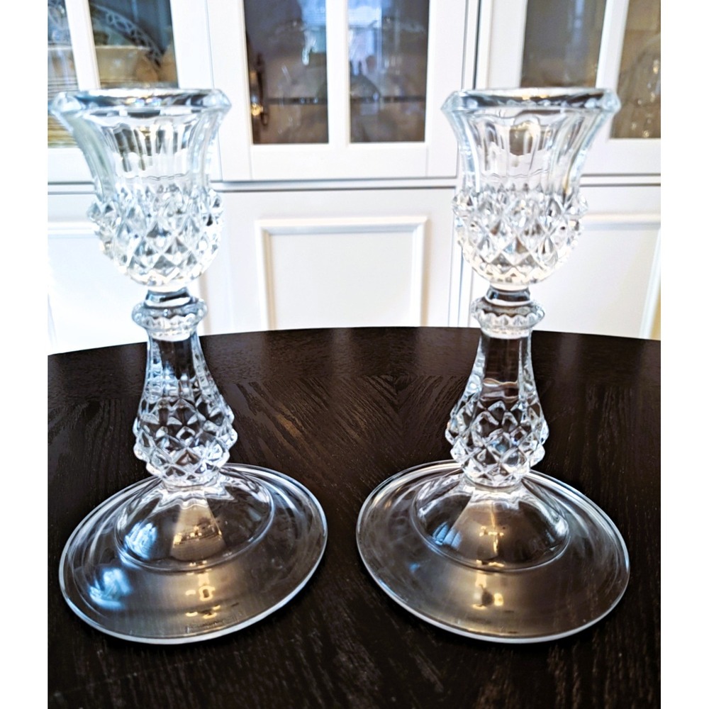Pair of Cristal d' Arques Genuine Lead Crystal Candlestick Set Diamond Cut Taper